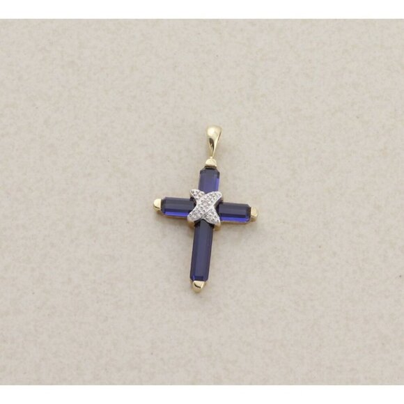 Unbranded Jewelry - Pendant Only 10k Yellow Gold Lab Created Blue Sapphire and Diamond Cross Pendant